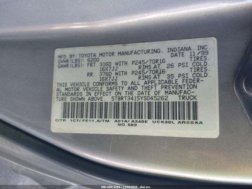 2000 Toyota Tundra Sr5 V8 VIN: 5TBRT3415YS045262 Lot: 43613294