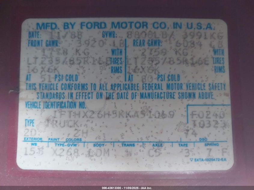 1989 Ford F250 VIN: 1FTHX26H5KKA51069 Lot: 43613300