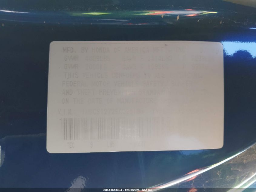 2009 Honda Accord 2.4 Ex VIN: 1HGCS12729A025188 Lot: 43613304