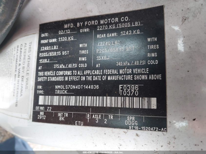 2013 Ford Transit Connect Xlt VIN: NM0LS7DN4DT144836 Lot: 43613319