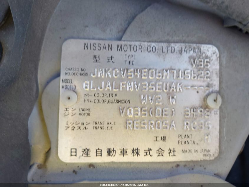 2006 Infiniti G35 VIN: JNKCV54E06M715622 Lot: 43613327