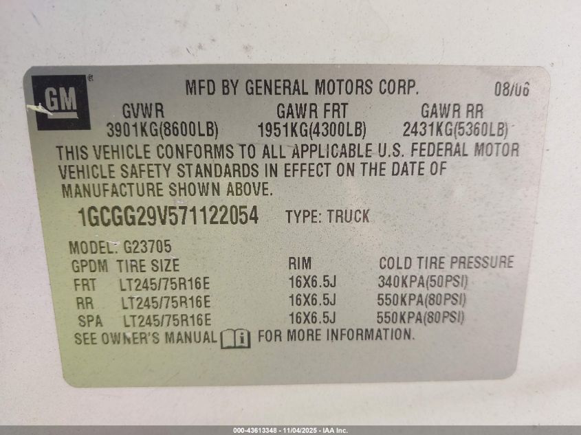 2007 Chevrolet Express Work Van VIN: 1GCGG29V571122054 Lot: 43613348