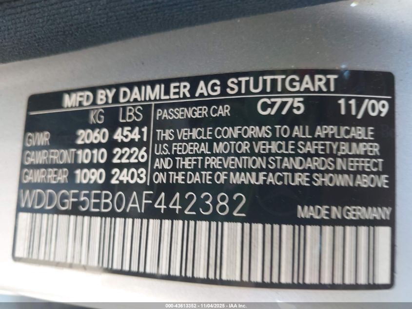 2010 Mercedes-Benz C 300 Luxury/Sport VIN: WDDGF5EB0AF442382 Lot: 43613352