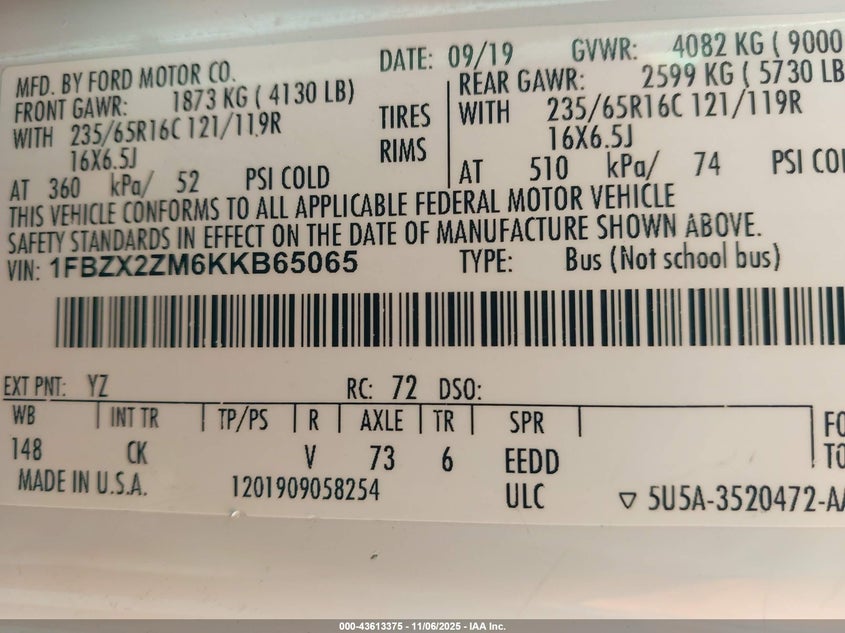 2019 FORD TRANSIT-350 XLT 1FBZX2ZM6KKB65065