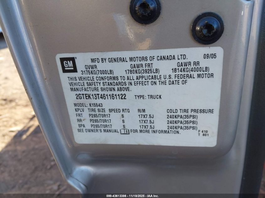2006 GMC Sierra 1500 Slt VIN: 2GTEK13T461161122 Lot: 43613386