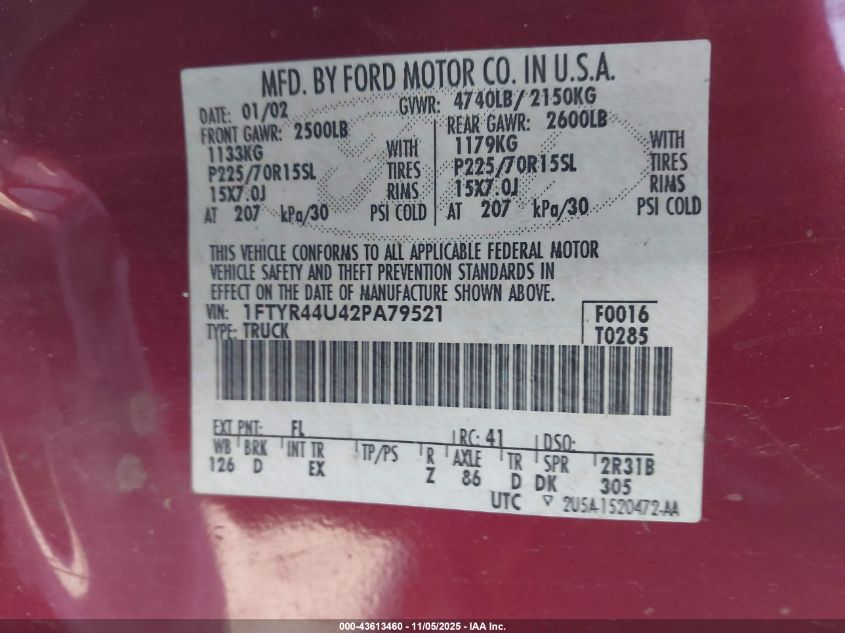 2002 Ford Ranger Edge/Tremor/Xlt VIN: 1FTYR44U42PA79521 Lot: 43613460