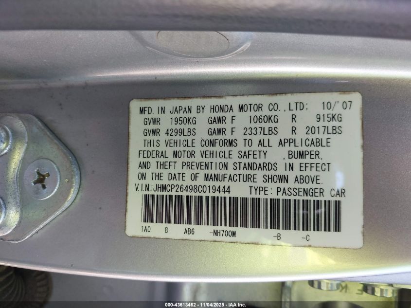 2008 Honda Accord 2.4 Lx-P VIN: JHMCP26498C019444 Lot: 43613462