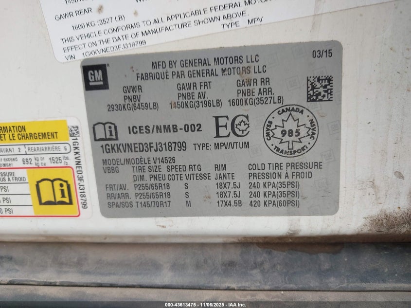 2015 GMC Acadia Sle-1 VIN: 1GKKVNED3FJ318799 Lot: 43613475