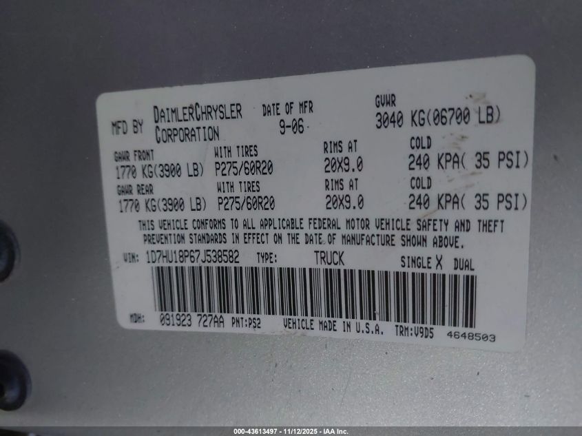 2007 Dodge Ram 1500 Slt/Trx4 Off Road/Sport VIN: 1D7HU18P67J538582 Lot: 43613497