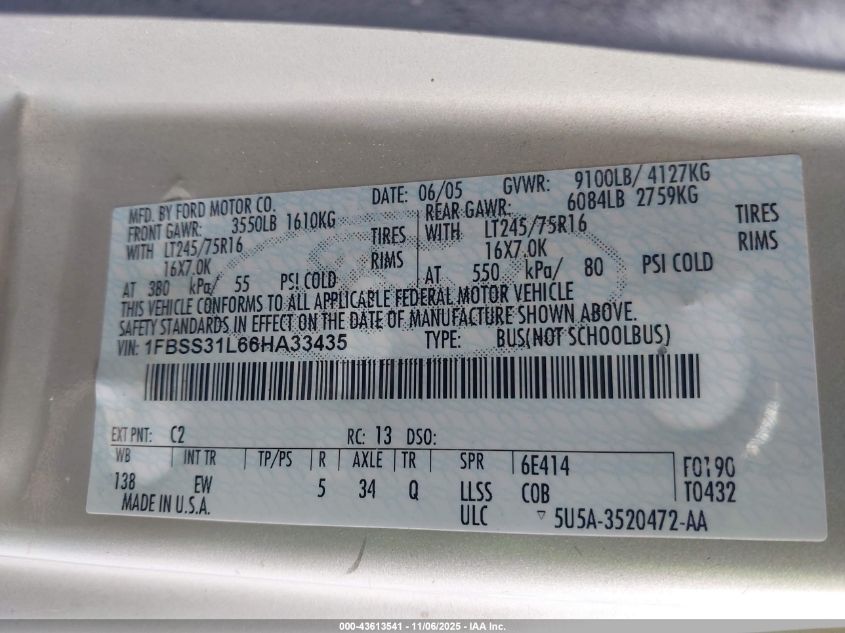 2006 Ford E-350 Super Duty Xl/Xlt VIN: 1FBSS31L66HA33435 Lot: 43613541