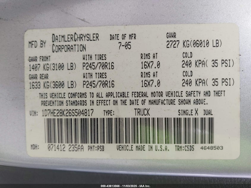 2006 Dodge Dakota St VIN: 1D7HE28K26S504817 Lot: 43613566