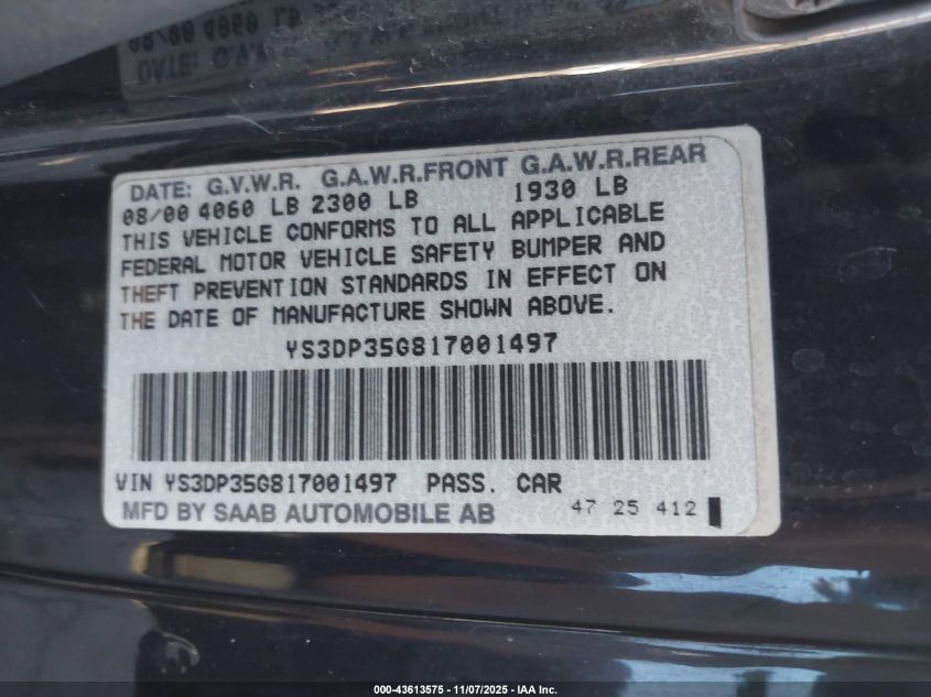 2001 Saab 9-3 Viggen VIN: YS3DP35G817001497 Lot: 43613575