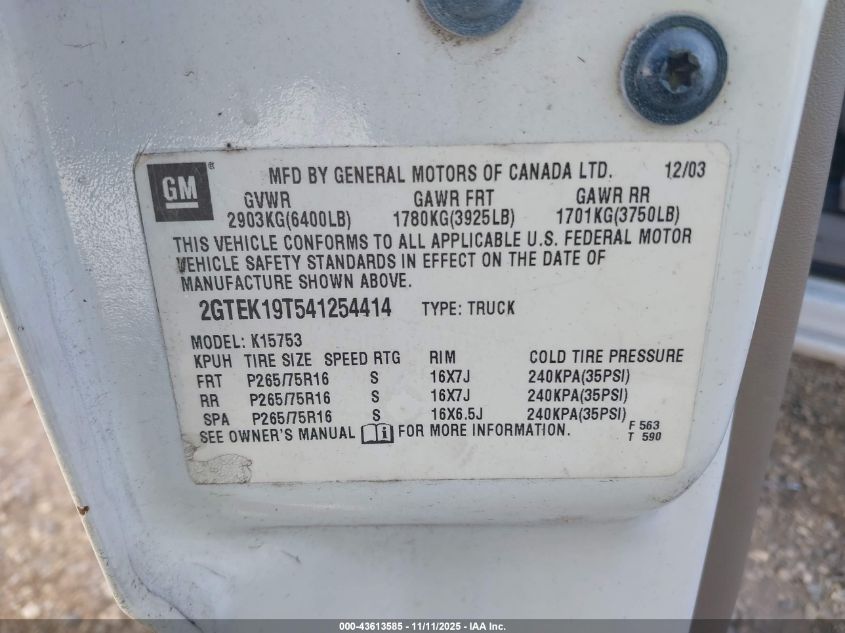 2004 GMC Sierra 1500 Sle VIN: 2GTEK19T541254414 Lot: 43613585