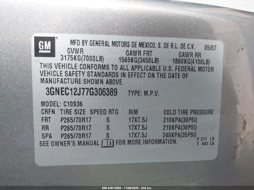 2007 Chevrolet Avalanche 1500 Ls VIN: 3GNEC12J77G306389 Lot: 43613589