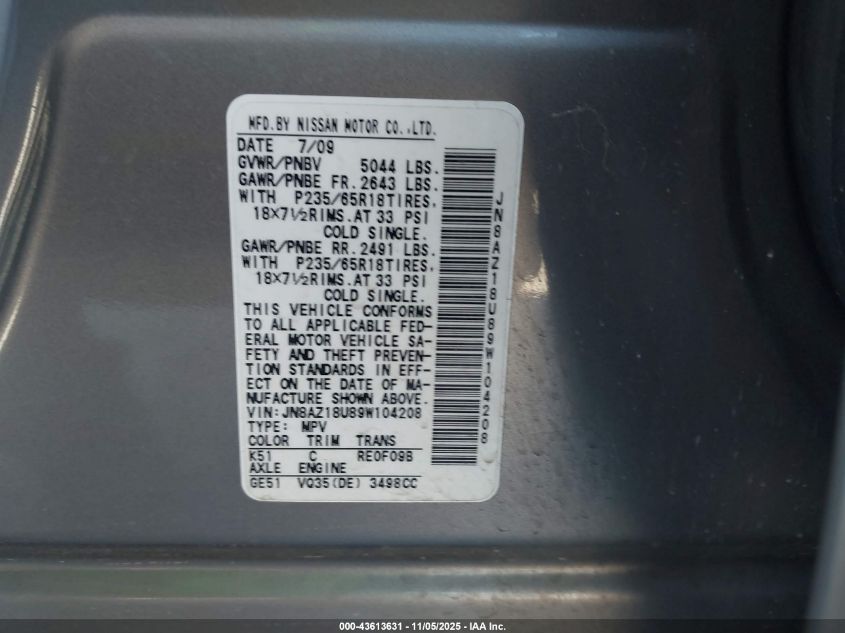 2009 Nissan Murano Sl VIN: JN8AZ18U89W104208 Lot: 43613631
