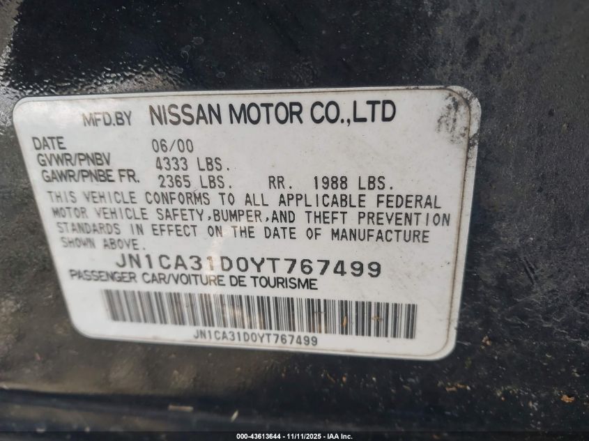 2000 Nissan Maxima Gle/Gxe/Se VIN: JN1CA31D0YT767499 Lot: 43613644