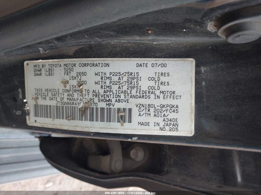 2000 Toyota 4Runner Sr5 V6 VIN: JT3GN86R4Y0178370 Lot: 43613650