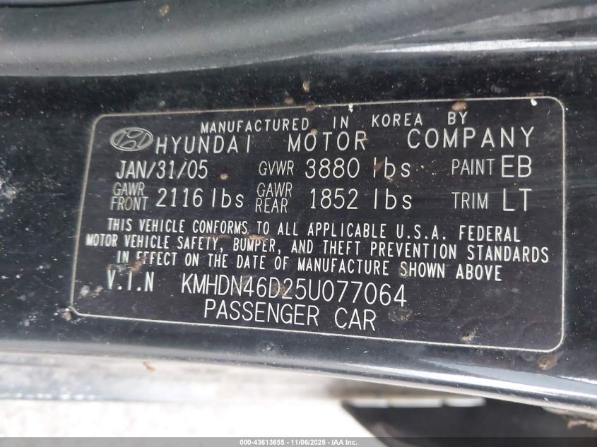 2005 Hyundai Elantra Gls/Gt VIN: KMHDN46D25U077064 Lot: 43613655