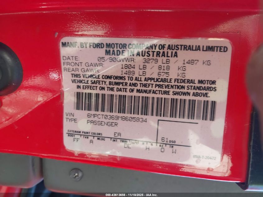 1991 Mercury Capri Xr2 VIN: 6MPTC0369M8605834 Lot: 43613656