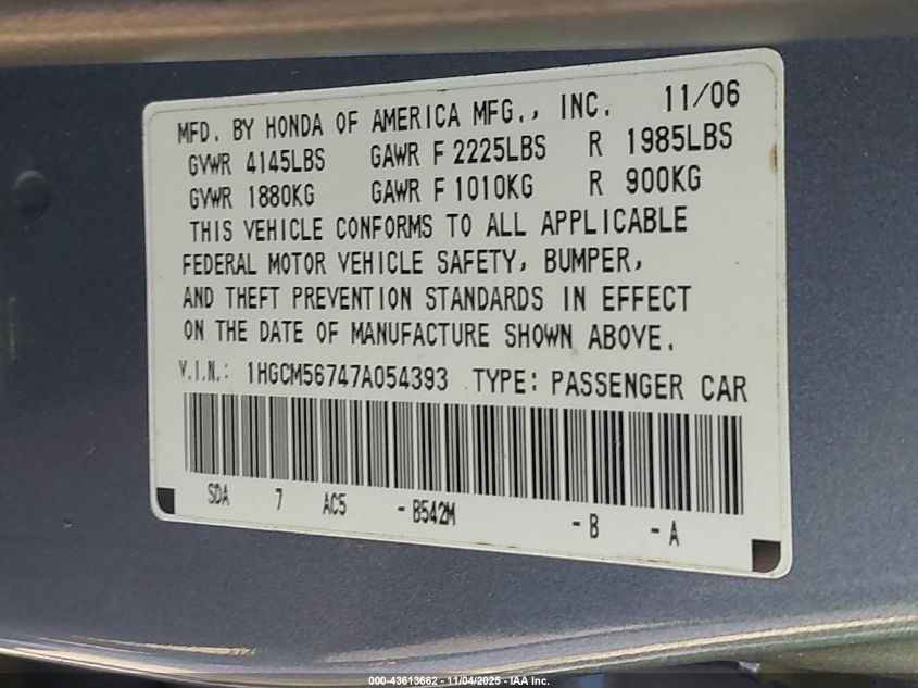 2007 Honda Accord 2.4 Ex VIN: 1HGCM56747A054393 Lot: 43613662