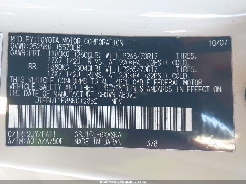 2008 Toyota Fj Cruiser VIN: JTEBU11F88K012852 Lot: 43613666