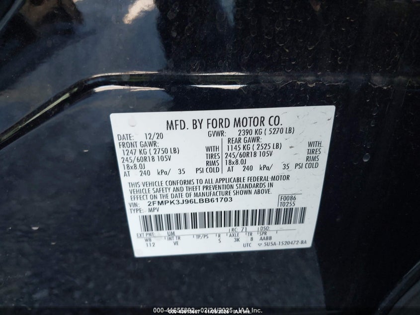 2020 Ford Edge Sel VIN: 2FMPK3J96LBB61703 Lot: 43613667