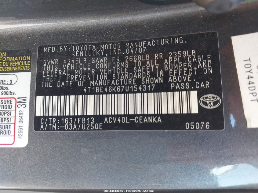 2007 Toyota Camry Le VIN: 4T1BE46K67U154317 Lot: 43613675