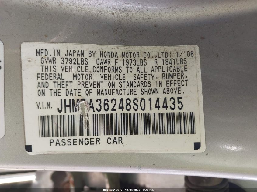 2008 Honda Civic Hybrid VIN: JHMFA36248S014435 Lot: 43613677