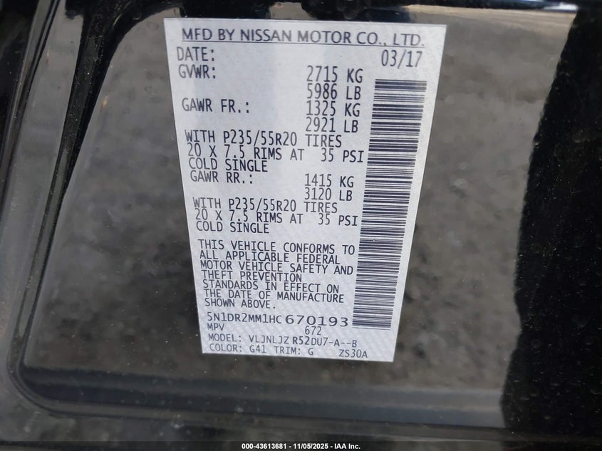 2017 NISSAN PATHFINDER PLATINUM 5N1DR2MM1HC670193