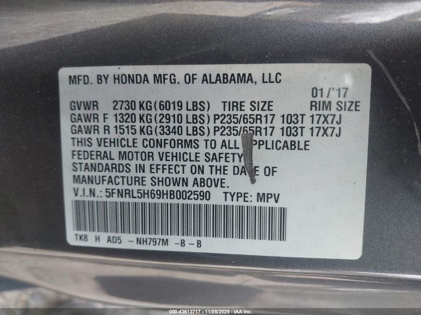 2017 HONDA ODYSSEY EX-L 5FNRL5H69HB002590