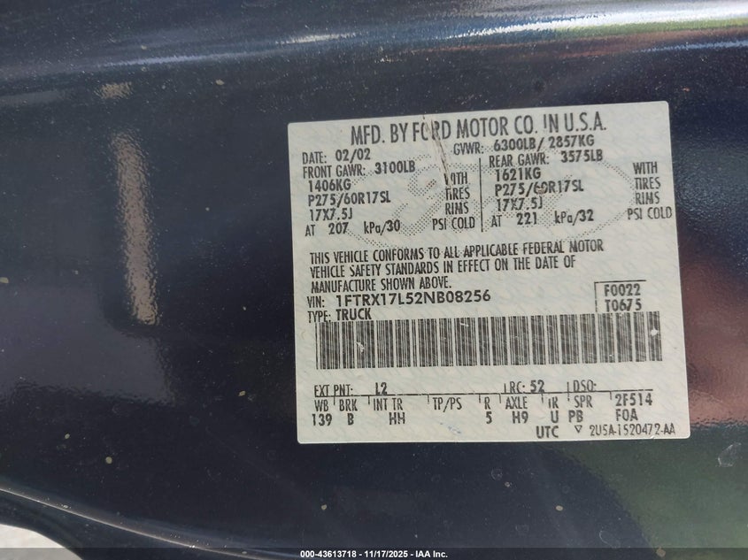 2002 Ford F-150 Lariat/Xl/Xlt VIN: 1FTRX17L52NB08256 Lot: 43613718