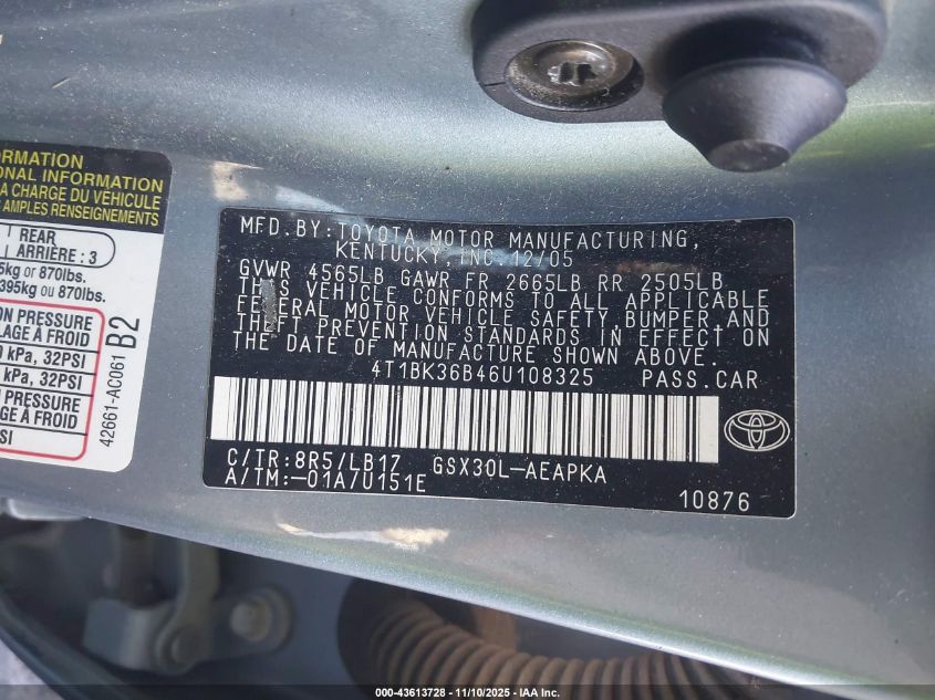 2006 Toyota Avalon Limited VIN: 4T1BK36B46U108325 Lot: 43613728