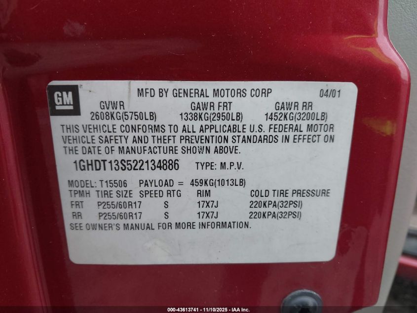 2002 Oldsmobile Bravada VIN: 1GHDT13S522134886 Lot: 43613741