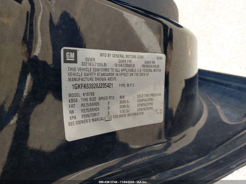 2008 GMC Yukon Denali VIN: 1GKFK63828J205421 Lot: 43613744