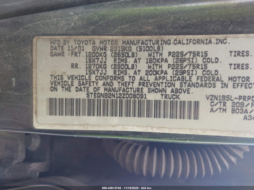 2002 Toyota Tacoma Prerunner V6 VIN: 5TEGN92N12Z008091 Lot: 43613745