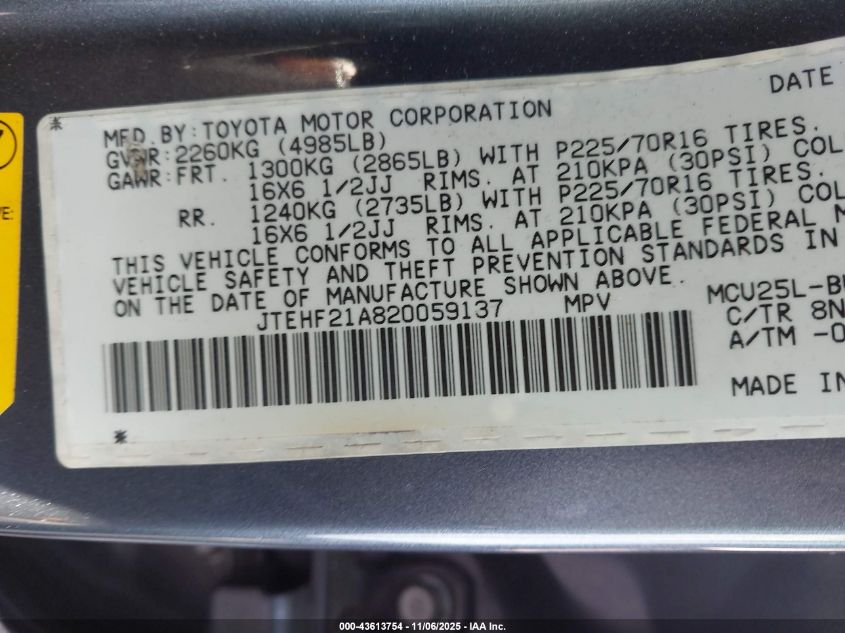 2002 Toyota Highlander Limited V6 VIN: JTEHF21A820059137 Lot: 43613754