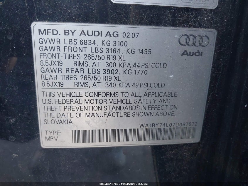 2007 Audi Q7 3.6 Premium VIN: WA1BY74L07D087572 Lot: 43613762