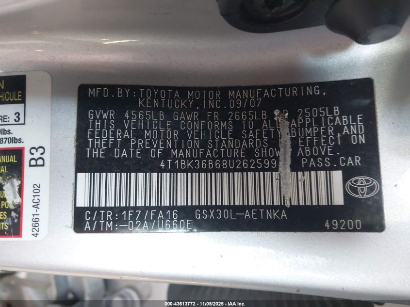 2008 Toyota Avalon Xl VIN: 4T1BK36B68U262599 Lot: 43613772