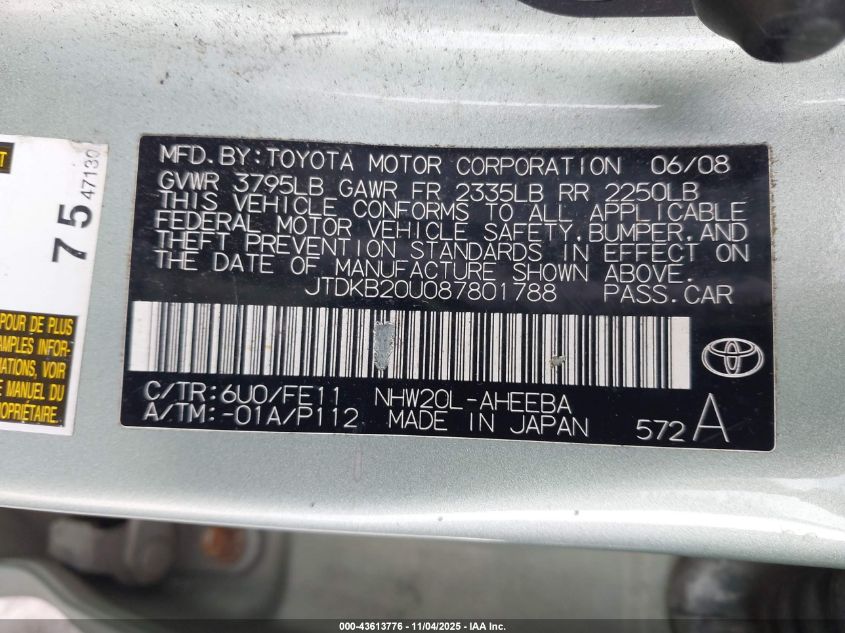 2008 Toyota Prius VIN: JTDKB20U087801788 Lot: 43613776