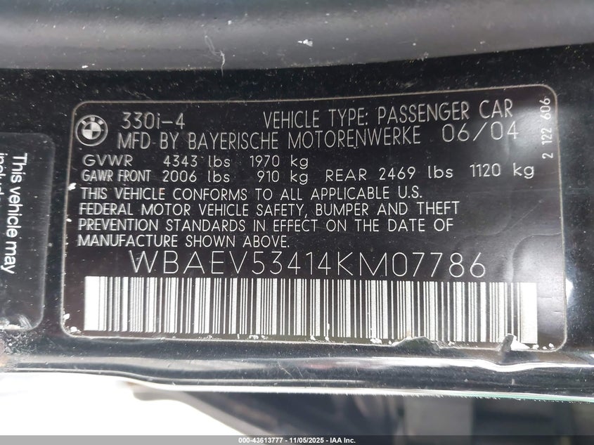 2004 BMW 330I VIN: WBAEV53414KM07786 Lot: 43613777