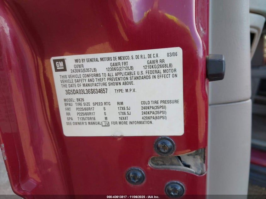 2006 Buick Rendezvous Cx VIN: 3G5DA03L36S634657 Lot: 43613817