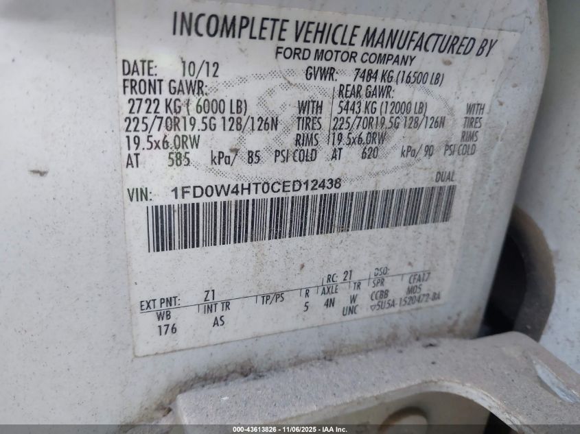 2012 Ford F-450 Chassis Xl VIN: 1FD0W4HT0CED12438 Lot: 43613826