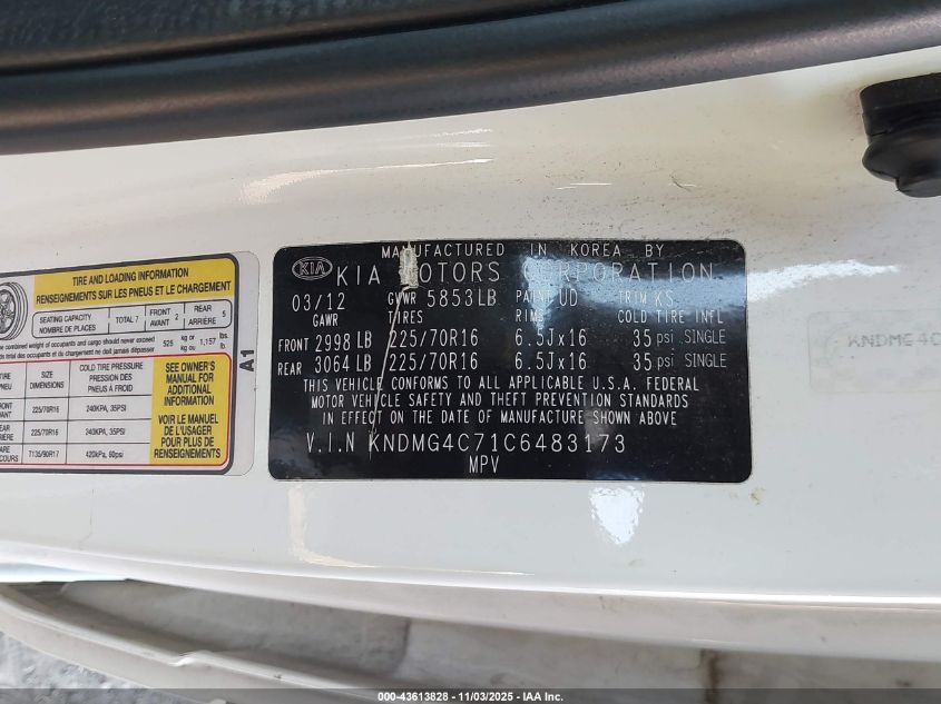 2012 Kia Sedona Lx VIN: KNDMG4C71C6483173 Lot: 43613828