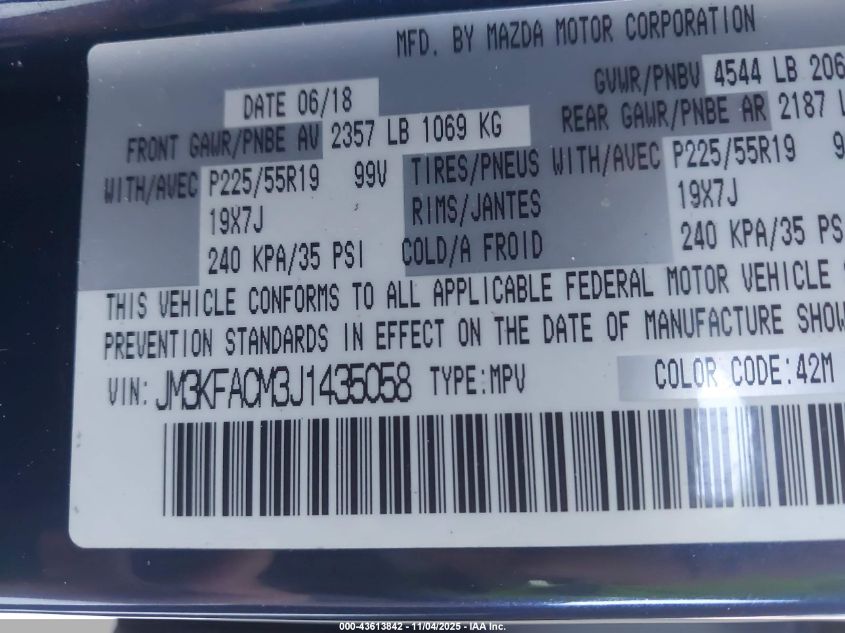 2018 Mazda Cx-5 Touring VIN: JM3KFACM3J1435058 Lot: 43613842