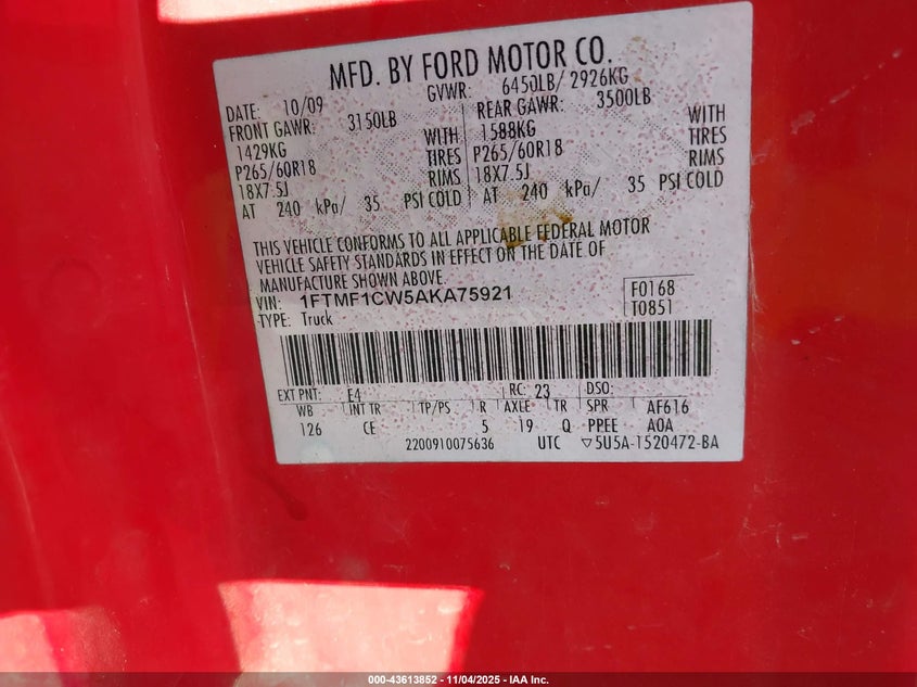 1FTMF1CW5AKA75921 2010 FORD F-150 photo no. 9