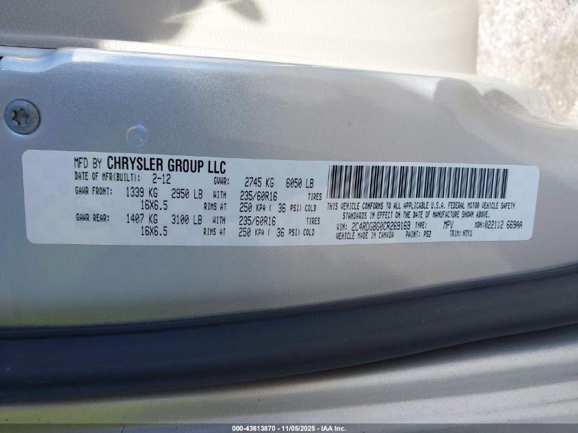 2012 Dodge Grand Caravan Se/Avp VIN: 2C4RDGBG0CR269169 Lot: 43613870