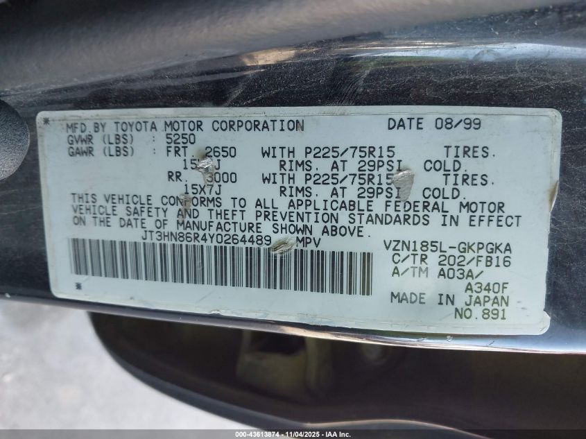 2000 Toyota 4Runner Sr5 V6 VIN: JT3HN86R4Y0264489 Lot: 43613874