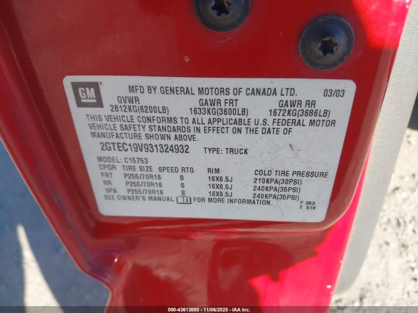 2003 GMC Sierra 1500 Sle VIN: 2GTEC19V931324932 Lot: 43613880