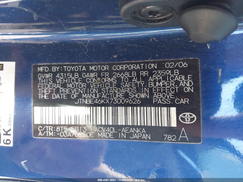 2007 Toyota Camry Ce/Le/Xle/Se VIN: JTNBE46KX73009626 Lot: 43613883