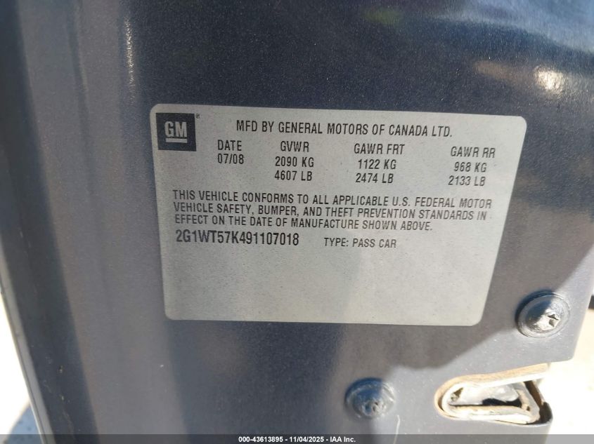2009 Chevrolet Impala Lt VIN: 2G1WT57K491107018 Lot: 43613895